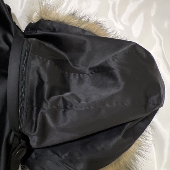 Guess Jacket Trench Coat Removable Faux Fur Trim Hood Womens M Black Gold Lined - Picture 13 of 15